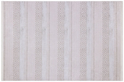 Washable Boho Area Rug – Distressed Diamond Tribal Pattern, Cream Gray Carpet