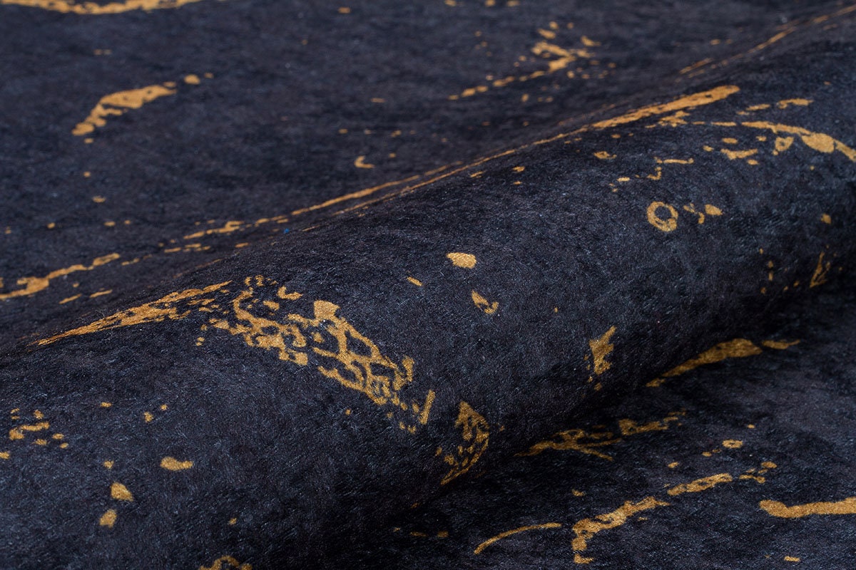Washable Marble Area Rug – Charcoal Gold Veining, Modern Abstract Carpet