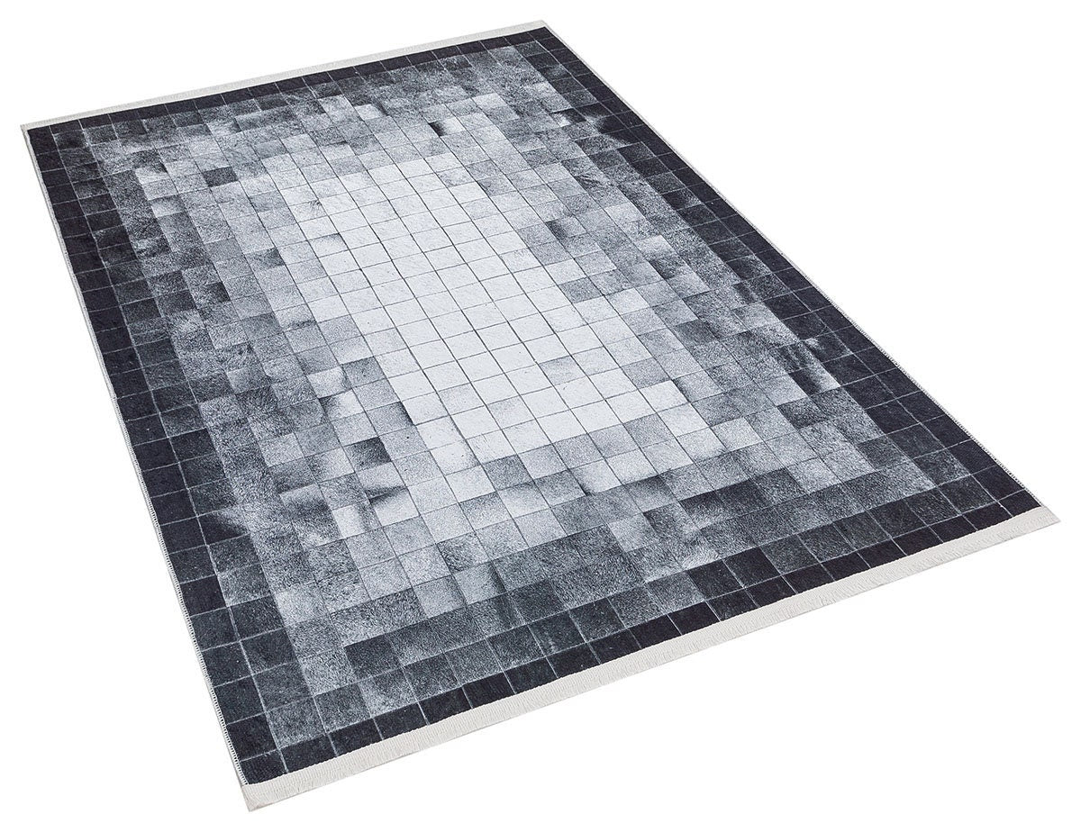 Modern Geometric Area Rug, Black White Pixel Pattern, Washable Scandinavian Carpet