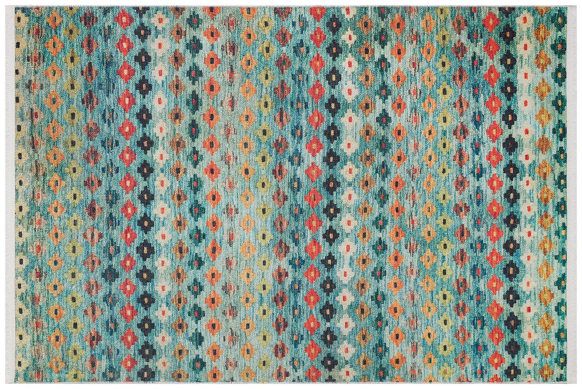 Washable Kilim-Style Area Rug: Boho Geometric Design