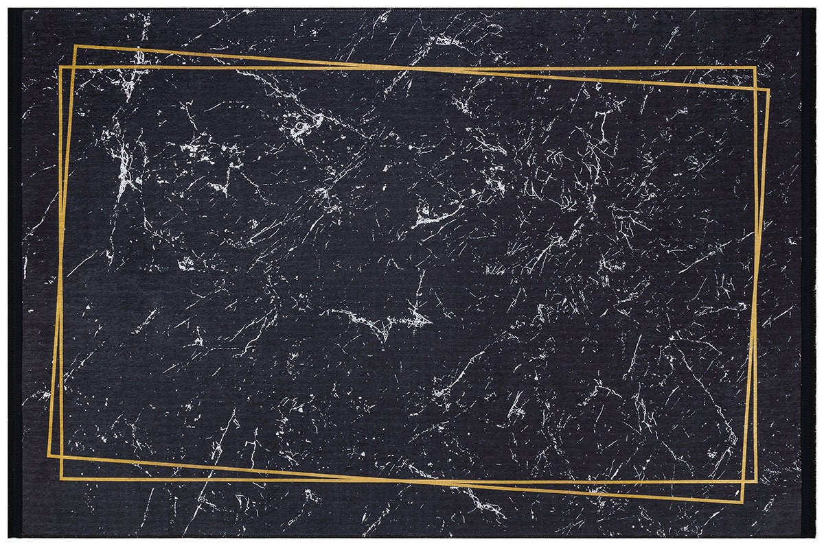 Modern Black Marble Area Rug – Gold Geometric Border, Washable Non-Slip Carpet