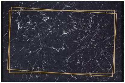 Modern Black Marble Area Rug – Gold Geometric Border, Washable Non-Slip Carpet