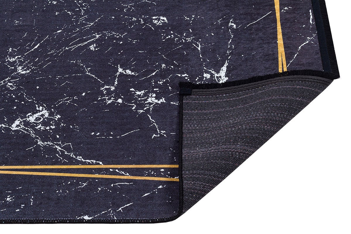 Modern Black Marble Area Rug – Gold Geometric Border, Washable Non-Slip Carpet