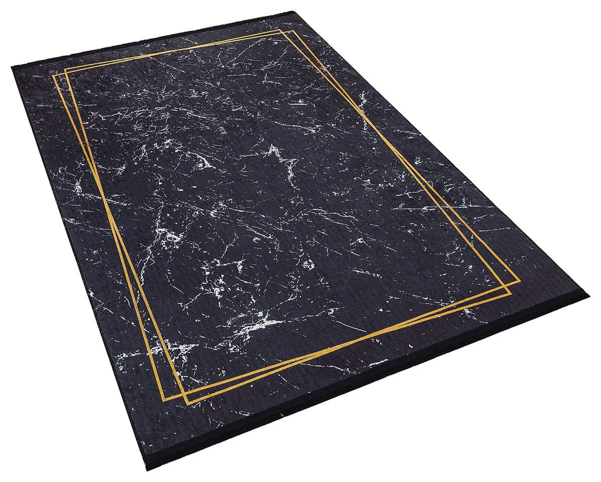 Modern Black Marble Area Rug – Gold Geometric Border, Washable Non-Slip Carpet