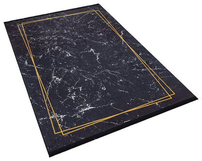 Modern Black Marble Area Rug – Gold Geometric Border, Washable Non-Slip Carpet
