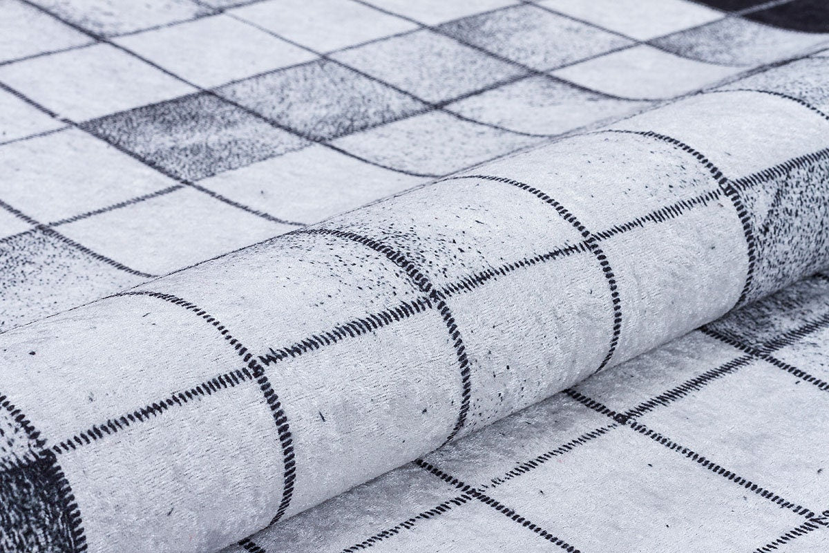Black White Geometric Washable Rug, Minimalist Checkered Carpet, Scandinavian Floor Decor