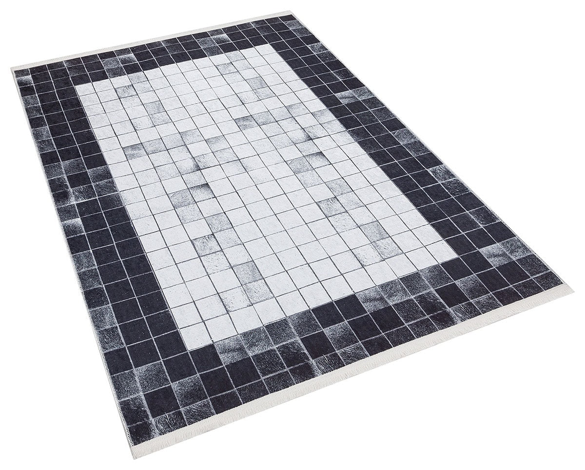 Black White Geometric Washable Rug, Minimalist Checkered Carpet, Scandinavian Floor Decor