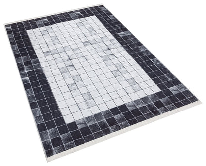 Black White Geometric Washable Rug, Minimalist Checkered Carpet, Scandinavian Floor Decor