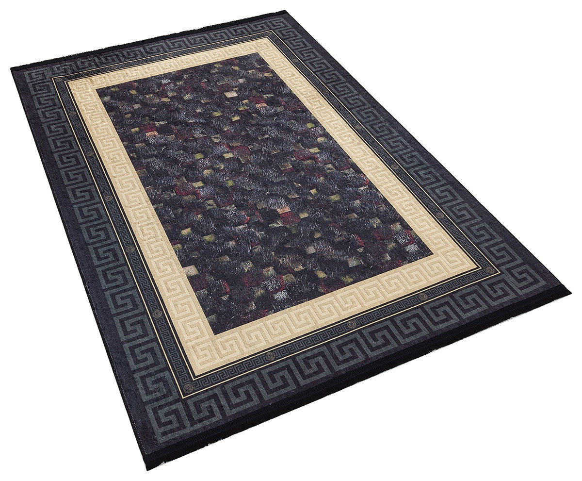 Modern Greek Key Area Rug – Black Gold Meander Border Carpet, Washable, Non-Slip