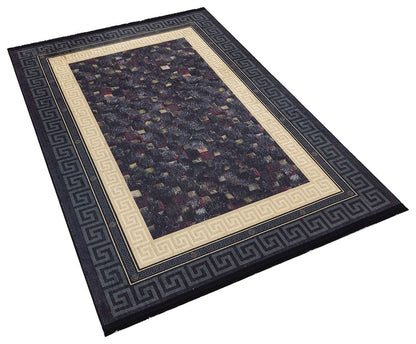Modern Greek Key Area Rug – Black Gold Meander Border Carpet, Washable, Non-Slip