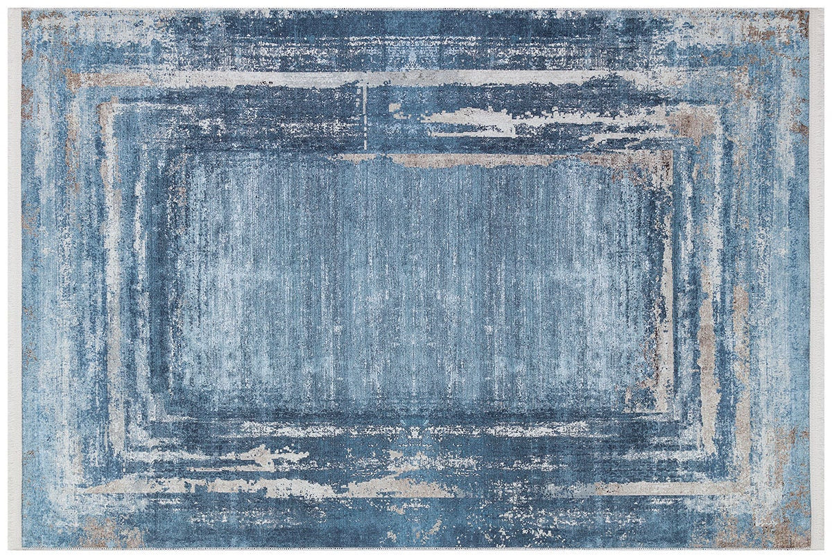 Distressed Blue Abstract Area Rug – Coastal Washable Carpet, Kid/Pet Friendly