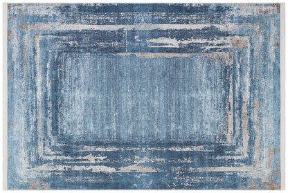 Distressed Blue Abstract Area Rug – Coastal Washable Carpet, Kid/Pet Friendly
