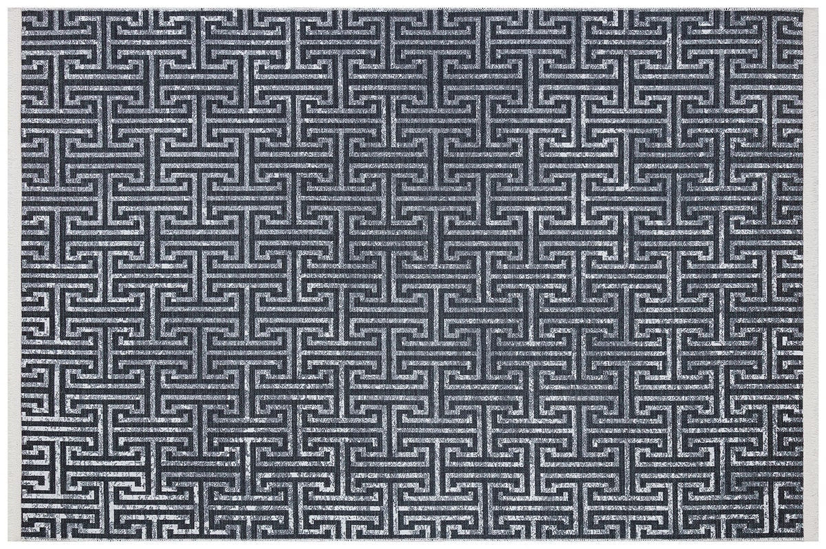 Washable Greek Key Area Rug – Navy Blue Meander Carpet, Non-Slip Low Pile