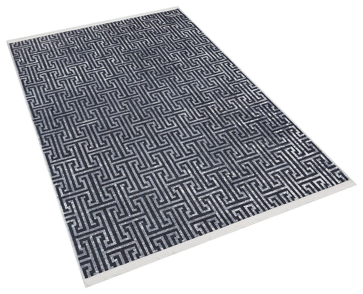 Washable Greek Key Area Rug – Navy Blue Meander Carpet, Non-Slip Low Pile