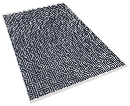 Washable Greek Key Area Rug – Navy Blue Meander Carpet, Non-Slip Low Pile