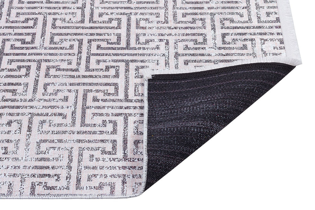 Distressed Greek Key Area Rug – Washable Cream Grey Geometric Labyrinth