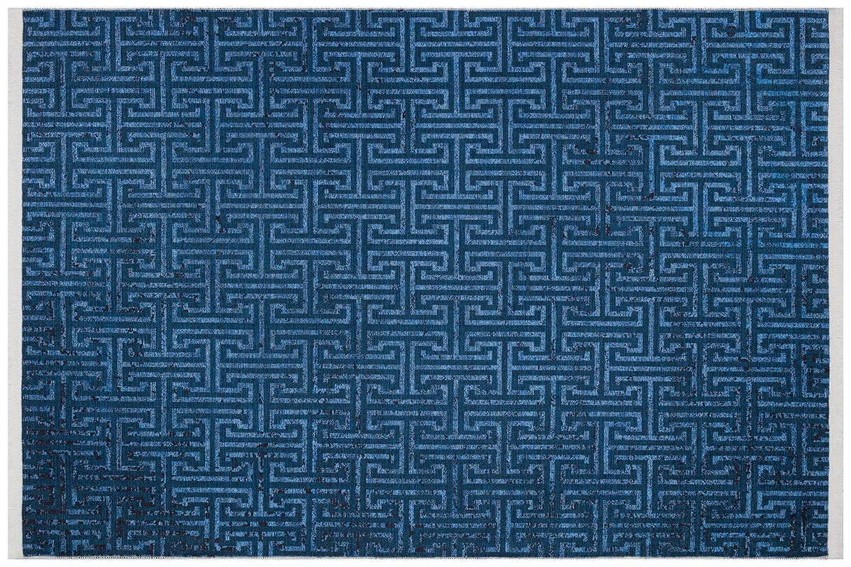 Navy Blue Greek Key Washable Area Rug, Distressed Indigo Geometric Carpet