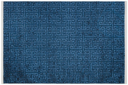 Navy Blue Greek Key Washable Area Rug, Distressed Indigo Geometric Carpet