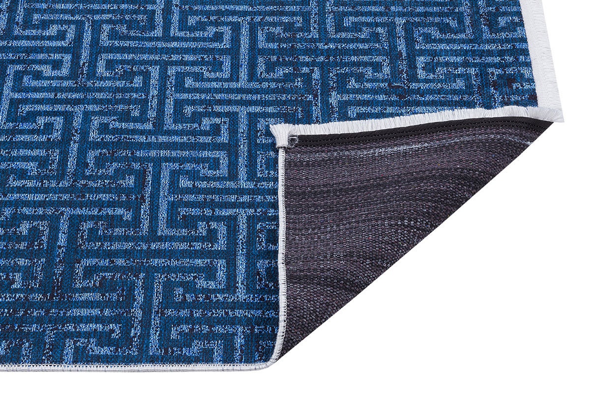 Navy Blue Greek Key Washable Area Rug, Distressed Indigo Geometric Carpet
