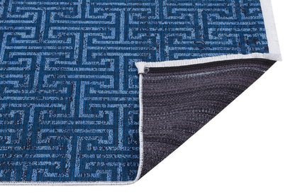 Navy Blue Greek Key Washable Area Rug, Distressed Indigo Geometric Carpet