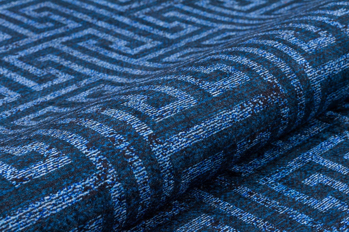 Navy Blue Greek Key Washable Area Rug, Distressed Indigo Geometric Carpet