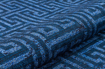 Navy Blue Greek Key Washable Area Rug, Distressed Indigo Geometric Carpet
