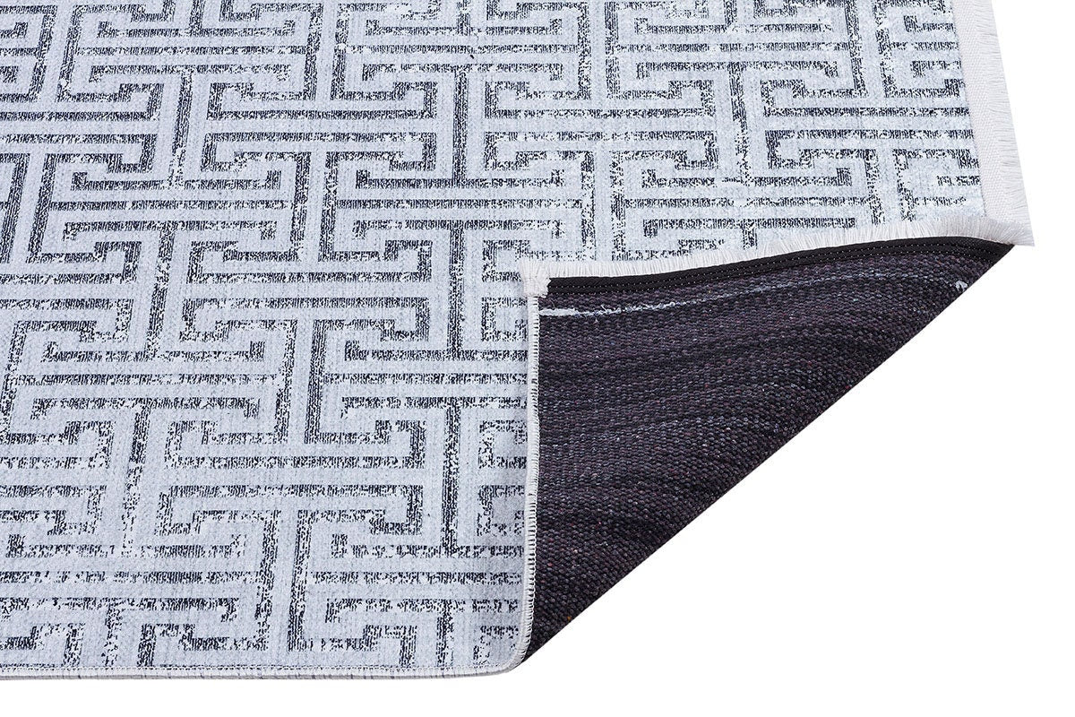 Modern Greek Key Area Rug – Gray Geometric Carpet, Minimalist Living Room Decor