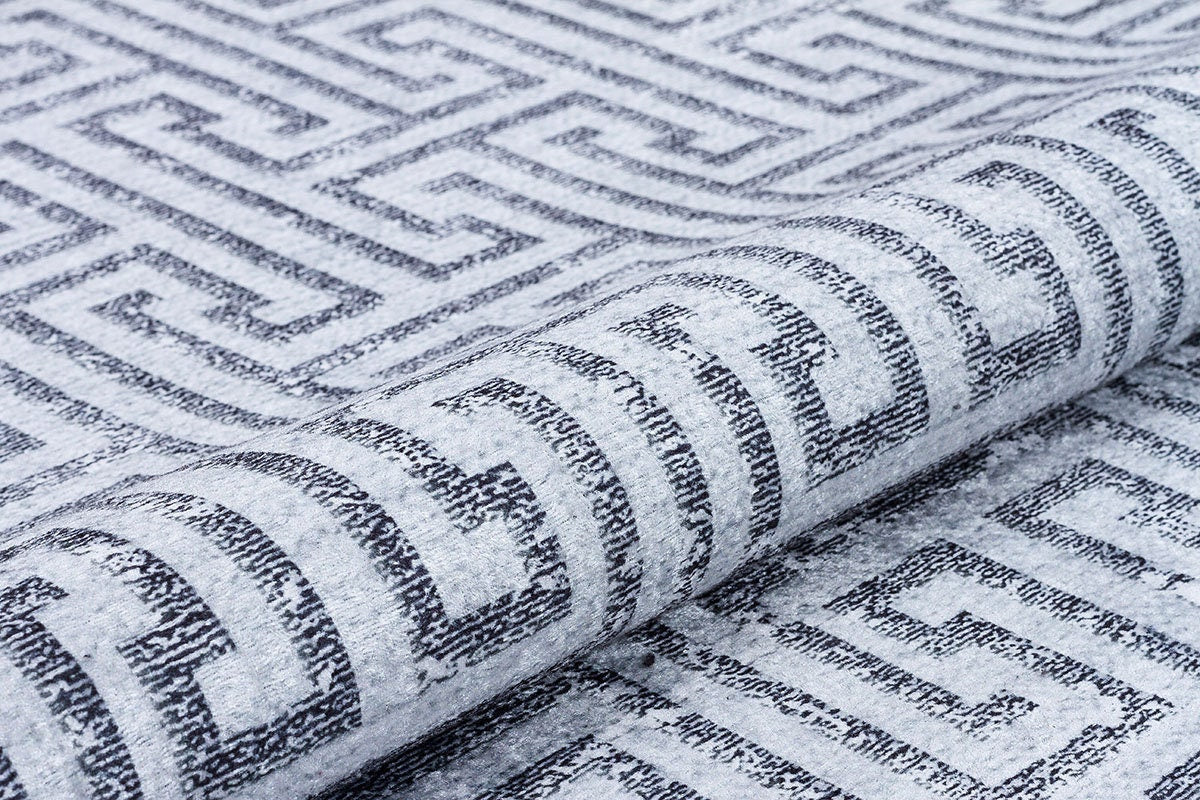 Modern Greek Key Area Rug – Gray Geometric Carpet, Minimalist Living Room Decor