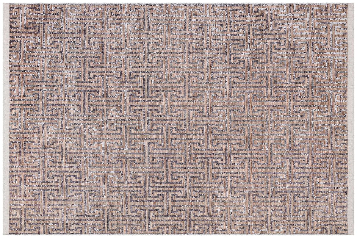 Modern Greek Key Distressed Washable Area Rug – Faded Terracotta & Grey Geometric Non-Slip Carpet