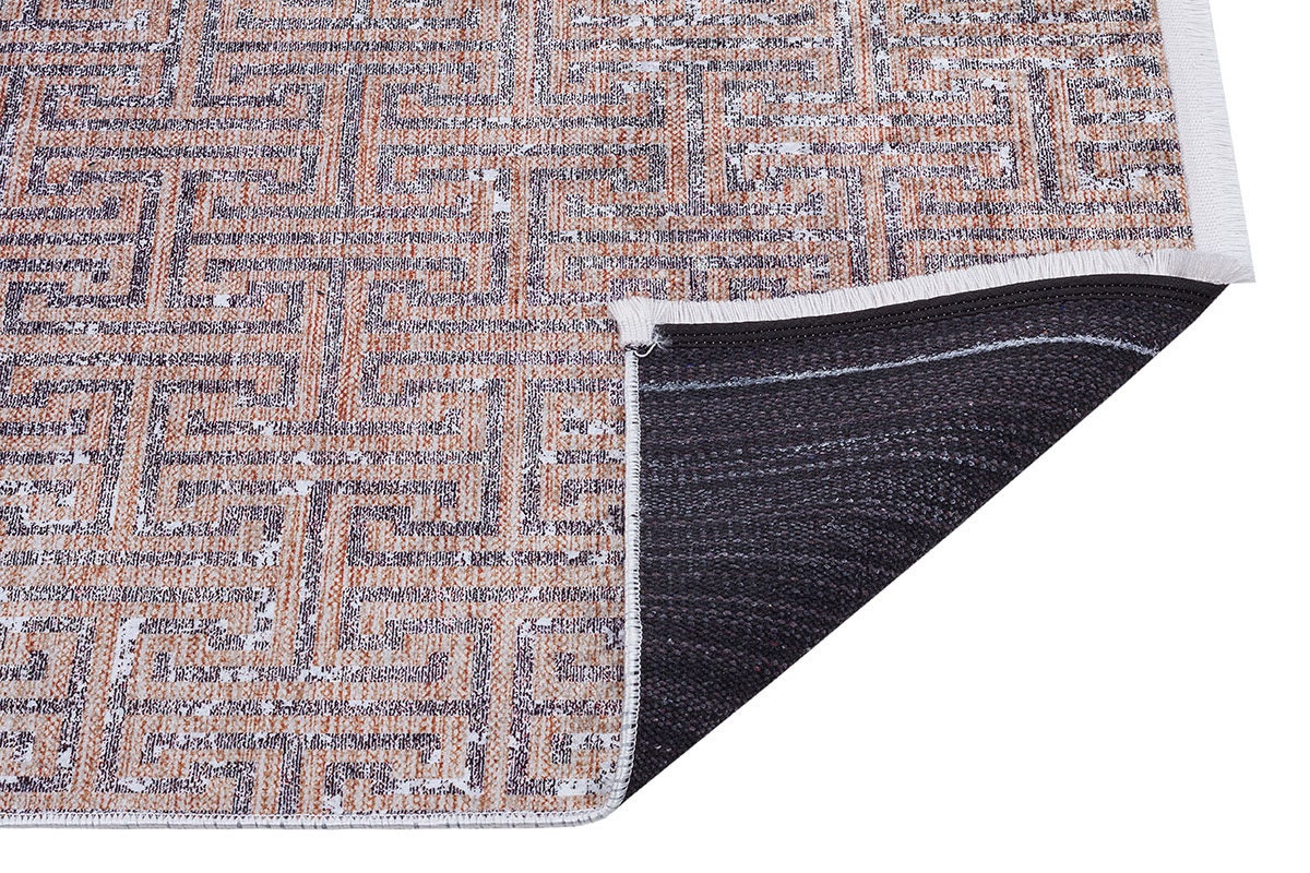 Modern Greek Key Distressed Washable Area Rug – Faded Terracotta & Grey Geometric Non-Slip Carpet