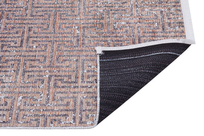 Modern Greek Key Distressed Washable Area Rug – Faded Terracotta & Grey Geometric Non-Slip Carpet