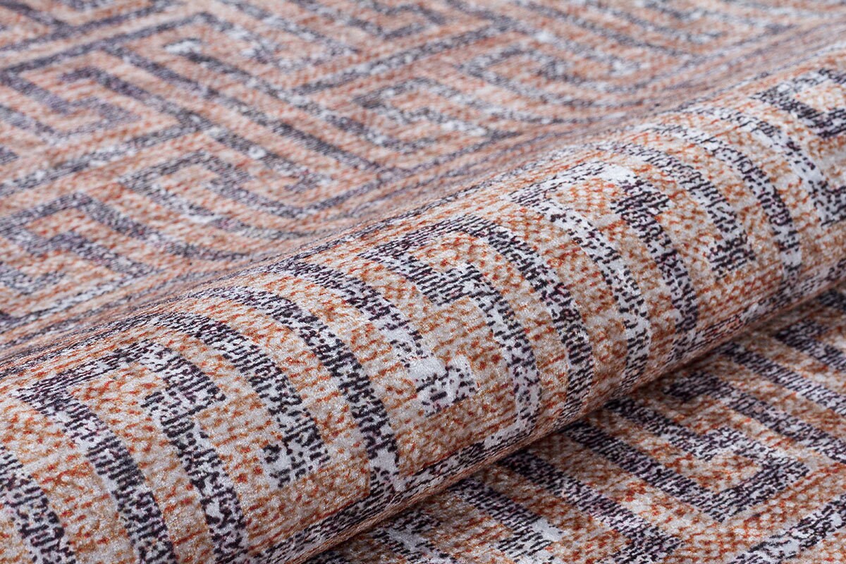 Modern Greek Key Distressed Washable Area Rug – Faded Terracotta & Grey Geometric Non-Slip Carpet