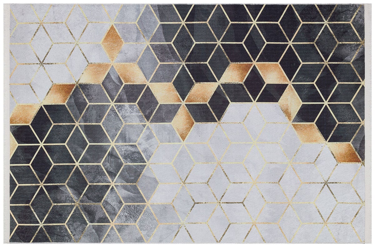 Modern Geometric Hexagon Rug, Gray Gold Contemporary Carpet, Washable Living Room Area Rug