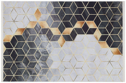 Modern Geometric Hexagon Rug, Gray Gold Contemporary Carpet, Washable Living Room Area Rug