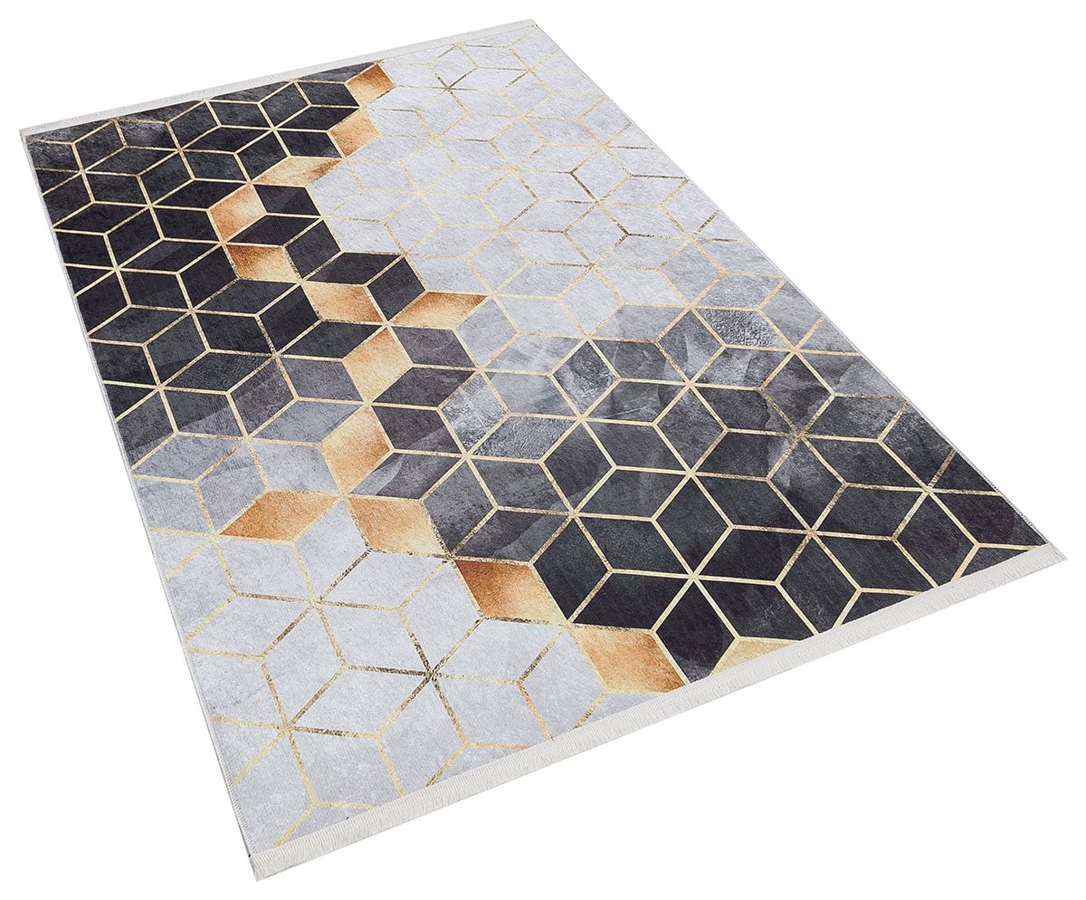 Modern Geometric Hexagon Rug, Gray Gold Contemporary Carpet, Washable Living Room Area Rug