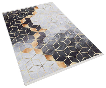 Modern Geometric Hexagon Rug, Gray Gold Contemporary Carpet, Washable Living Room Area Rug