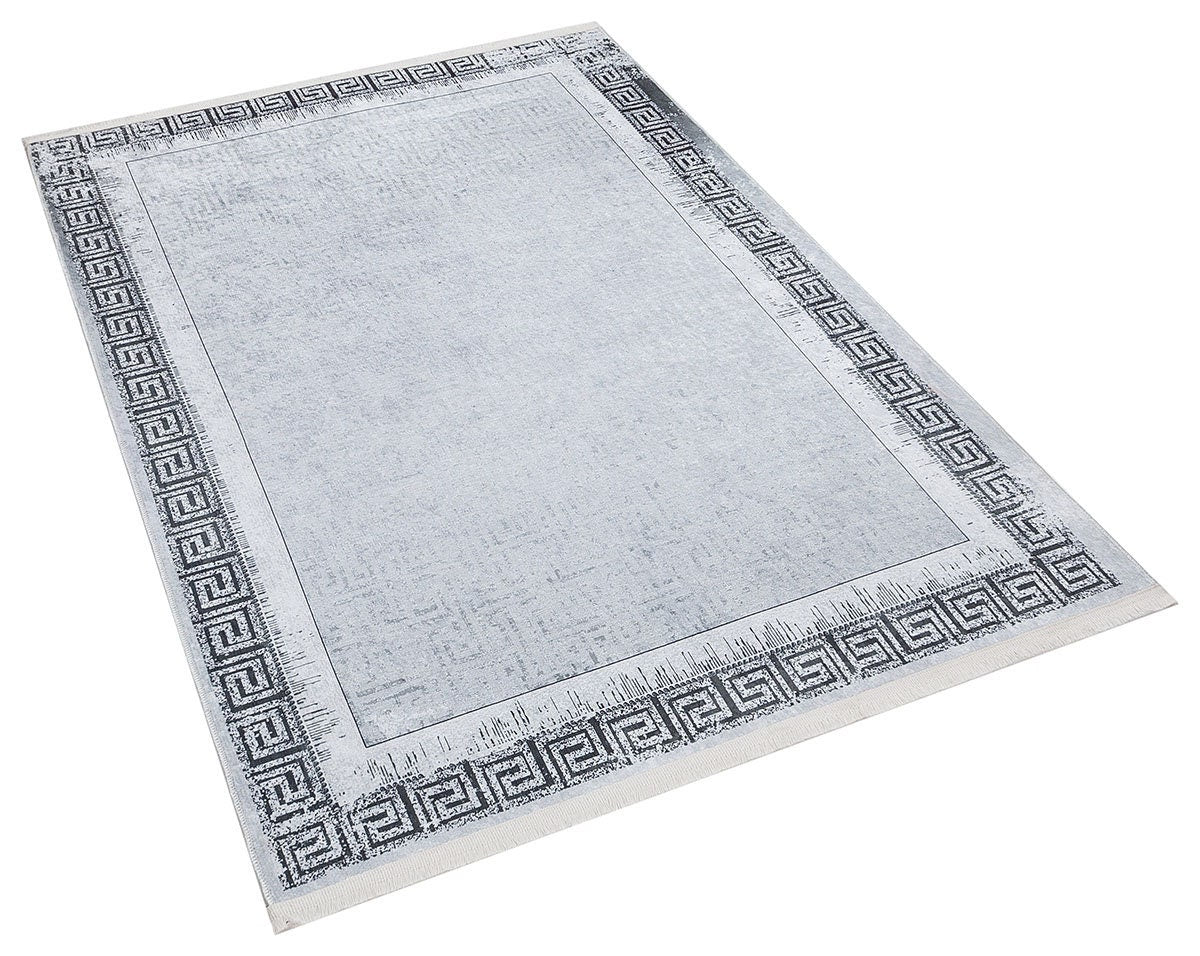 Gray Greek Key Area Rug – Distressed Medallion Border Carpet, Washable Non-Slip Home Decor