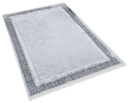 Gray Greek Key Area Rug – Distressed Medallion Border Carpet, Washable Non-Slip Home Decor