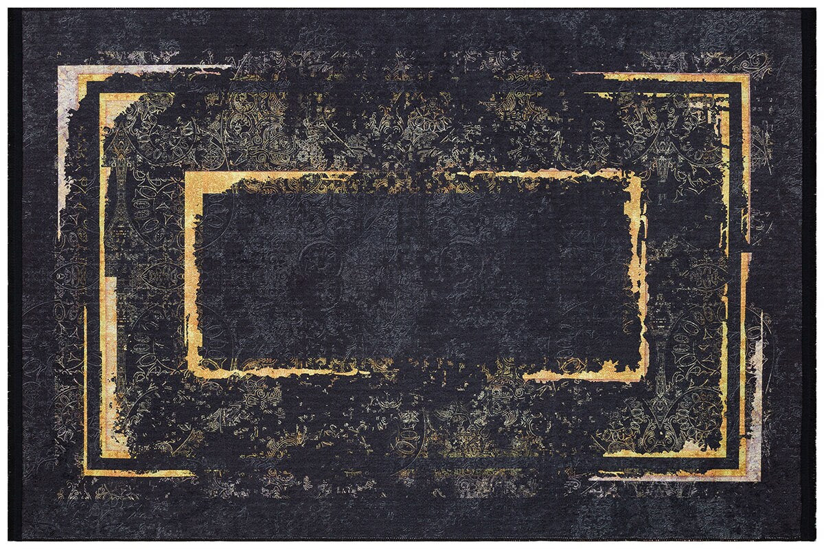 Black Gold Distressed Area Rug, Modern Geometric Border Carpet