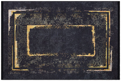 Black Gold Distressed Area Rug, Modern Geometric Border Carpet
