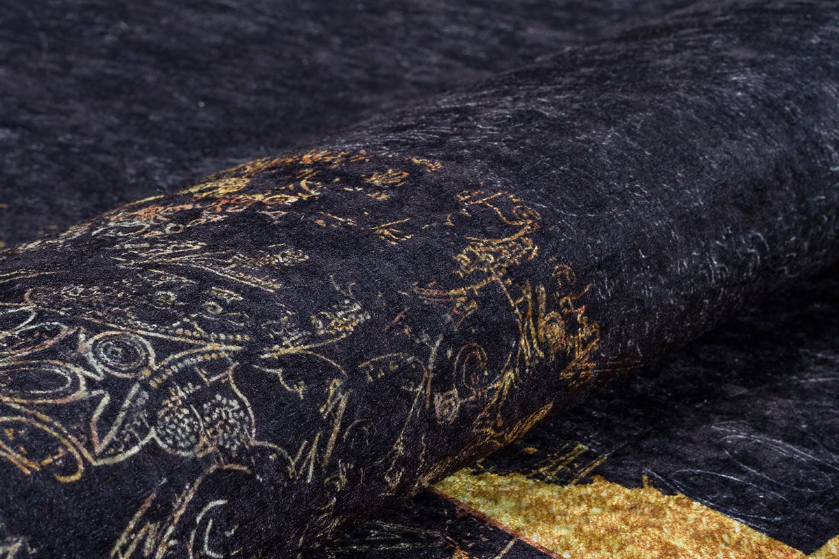 Black Gold Distressed Area Rug, Modern Geometric Border Carpet