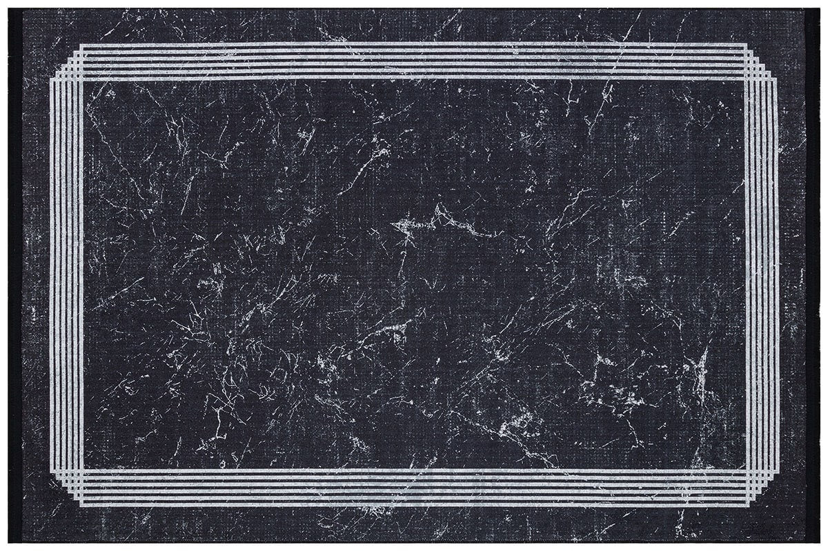 Modern Black Marble Area Rug, Minimalist Geometric Border Carpet, Contemporary Living Room Floor Rug
