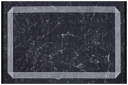 Modern Black Marble Area Rug, Minimalist Geometric Border Carpet, Contemporary Living Room Floor Rug