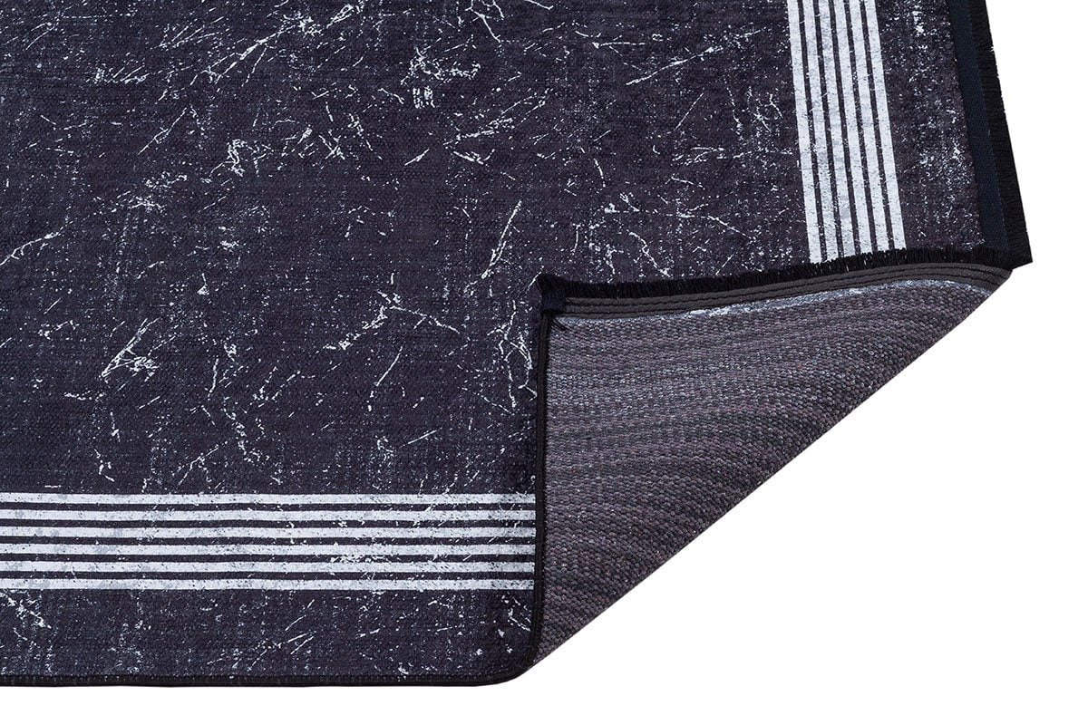 Modern Black Marble Area Rug, Minimalist Geometric Border Carpet, Contemporary Living Room Floor Rug
