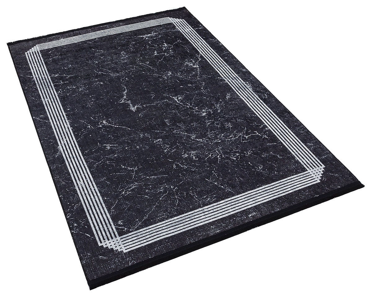 Modern Black Marble Area Rug, Minimalist Geometric Border Carpet, Contemporary Living Room Floor Rug