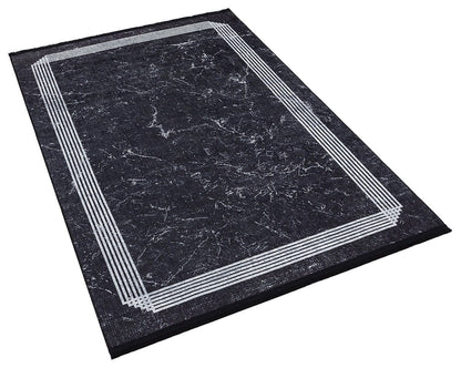 Modern Black Marble Area Rug, Minimalist Geometric Border Carpet, Contemporary Living Room Floor Rug