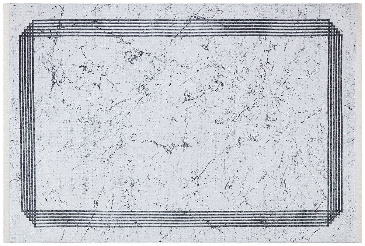 Modern Marble Washable Area Rug – Grey & White Minimalist Geometric Border Carpet