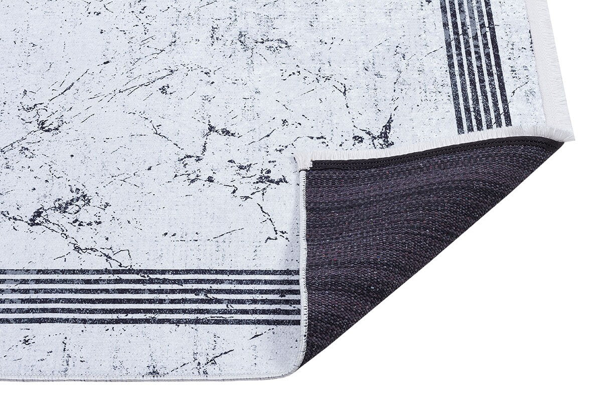 Modern Marble Washable Area Rug – Grey & White Minimalist Geometric Border Carpet
