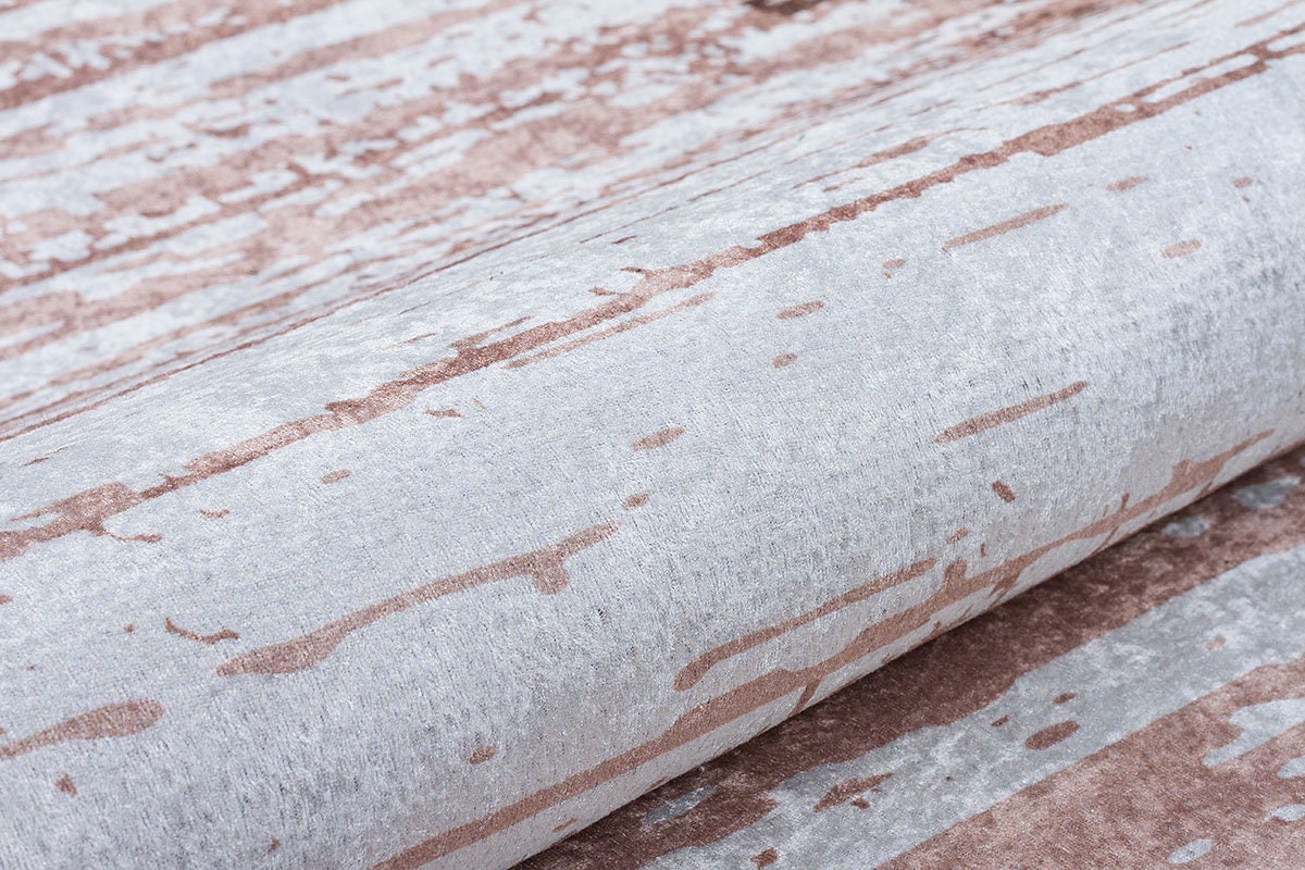 Washable Boho Area Rug – Distressed Rose Gold Abstract Carpet, Non-Slip Thin Living Room Rug