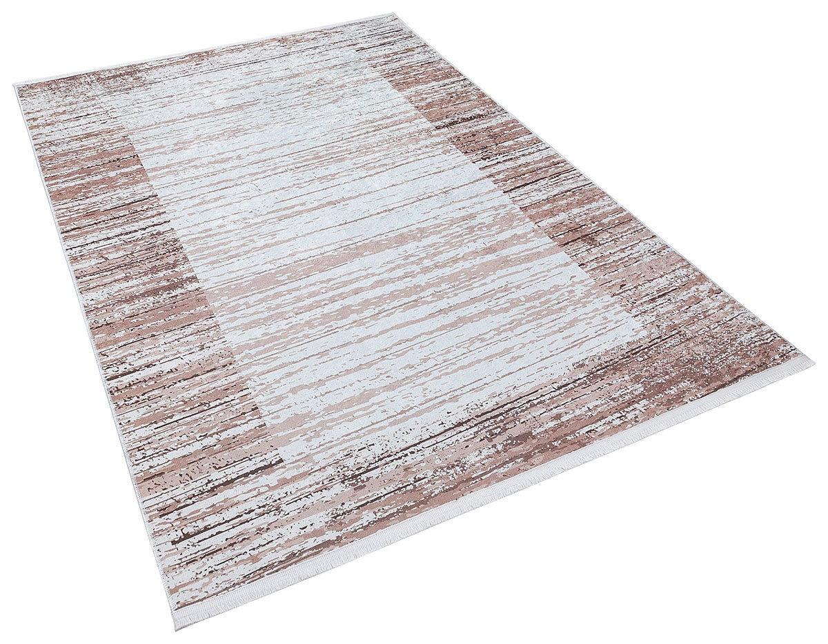 Washable Boho Area Rug – Distressed Rose Gold Abstract Carpet, Non-Slip Thin Living Room Rug